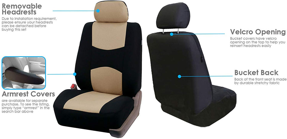 FH GROUP Universal Fit Full Set Flat Cloth Fabric Car Seat Cover (Beige/Black) (FH-FB050114, Fit Most Car, Truck, SUV, or Van)